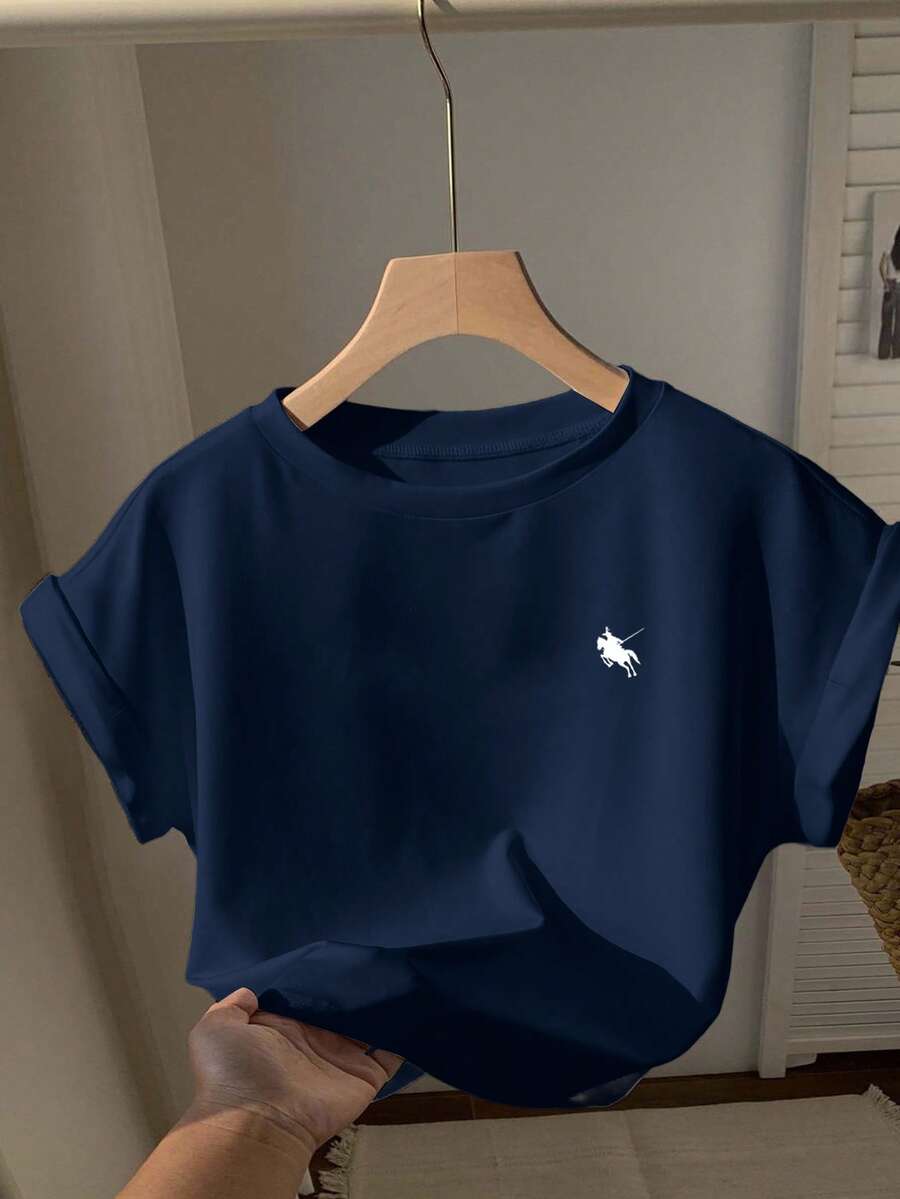 Comfortcana Navy Blue Casual Minimalist Horse Print Loose Fit Cropped Short Sleeve Round Neck T-Shirt For Women, Suitable For Summer