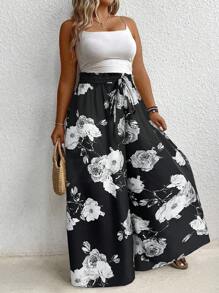 SHEIN LUNE Plus Size Floral All-Over Print Tie Front Casual Pants Fall Cloth For Women - Grey - View 6