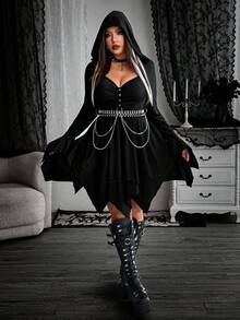 Whyspr Plus Size Women Grunge Punk Halloween Goth Dress Fall - Black - View 5
