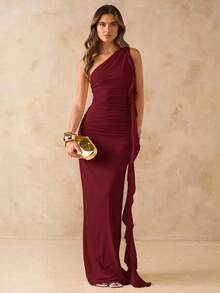 SHEIN BAE 优雅不对称褶皱露背连衣裙，网眼荷叶边下摆，女士度假沙滩裙，春夏 - 酒紅色 - 查看 3