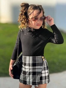 SHEIN 2 件套女童高领 T 恤和格子短裙，适合日常通勤，女童秋装 - 黑與白 - 查看 4