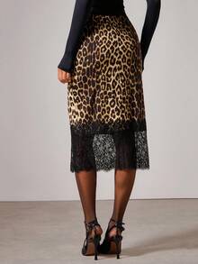 COSMINA Women's Elegant Lace Patchwork Leopard Print Skirt,Cheetah Print