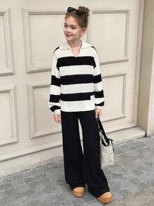 SHEIN 青少年女孩休闲罗纹高领黑白条纹毛衣和纯黑色阔腿裤两件套，适合秋冬季 - 黑與白 - 查看 8