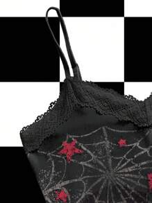 Lsscid Women's Black Spider Web & Star Gothic Punk Crop Top, Y2K Lace Trim Sleeveless Shirt, Y2K Baddie Goth Tank Top Punk Tops Spiderweb Tank Top Lace Trim Tank Top Y2k Tops - Black - View 3