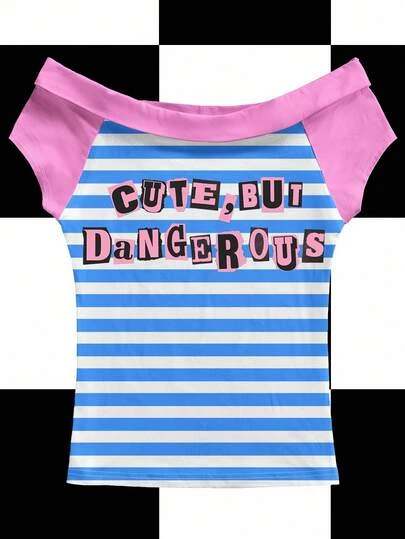 Tartagain 女式蓝色条纹露肩短袖针织 T 恤，Y2K 风格撞色袖口和衣领，修身图案印花短款上衣可爱上衣条纹 T 恤露肩上衣女式 T 恤可爱 T 恤女式