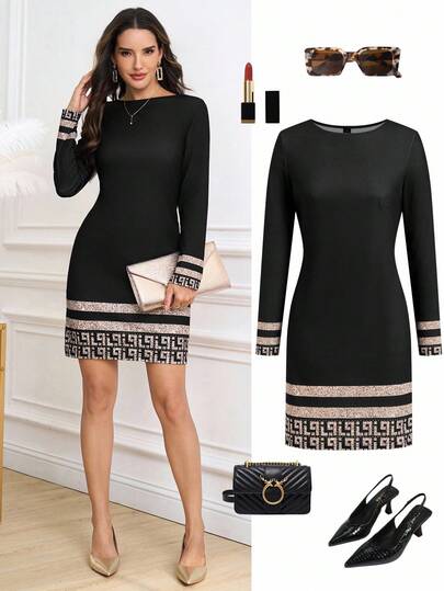 Gownix Gaun Pendek Wanita Lengan Panjang Kerah Bulat Pas Badan Rajut Motif Geometris Hitam Elegan Kasual untuk Perjalanan, Pakaian Kerja Kasual Musim Gugur Wanita
