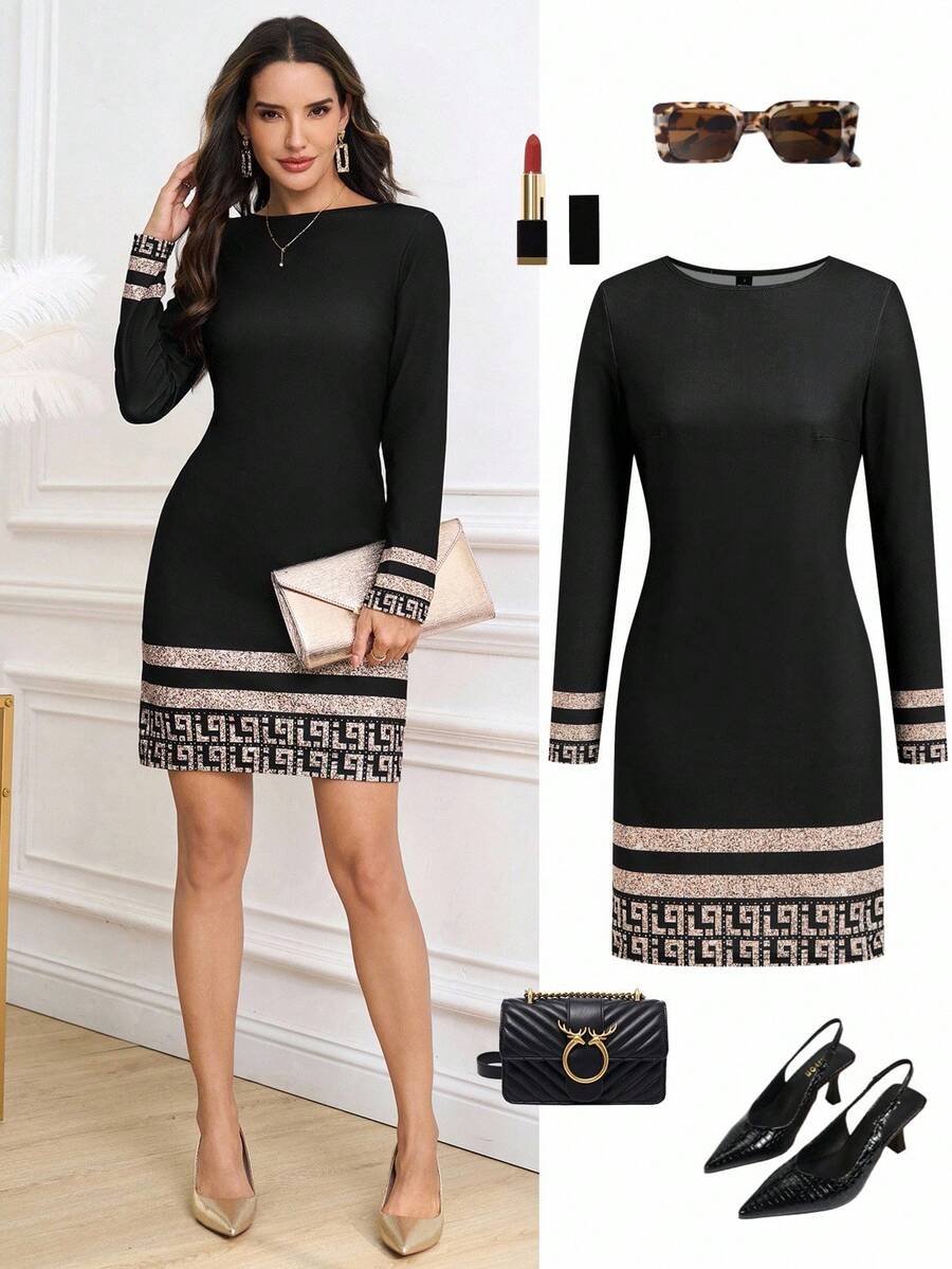 Ellevyn 女式圆领长袖修身针织几何印花黑色优雅休闲通勤短裙，秋季 - 彩色 - 查看 1