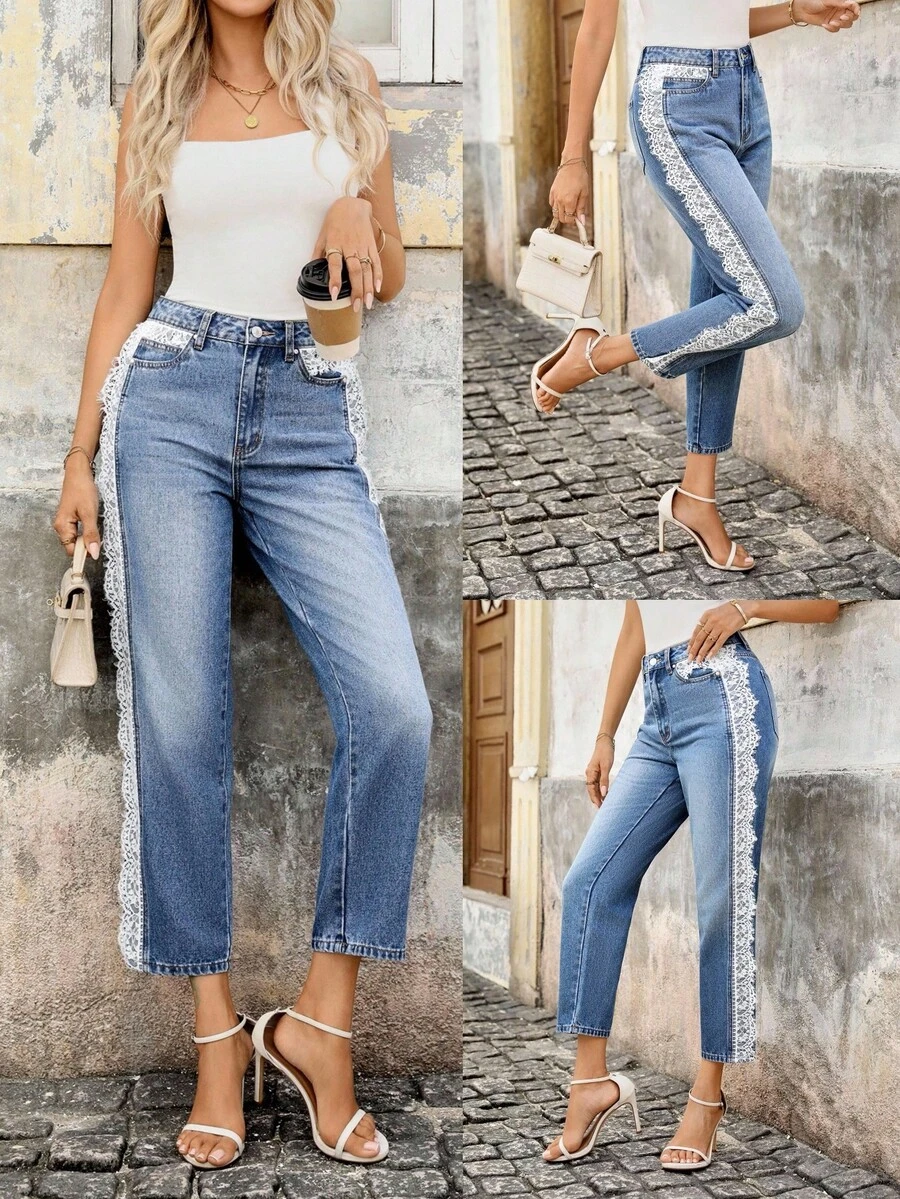 EMERY ROSE 女士休闲纽扣蕾丝拼布牛仔裤，适合日常穿着 - 中等水洗藍 - 查看 1