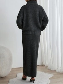 EURMUSE 粗针织高领毛衣和舒适纯色长款针织裙两件套，适合秋冬女装 - 灰色 - 查看 2