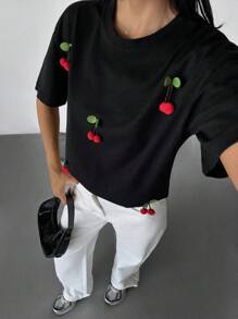 SHEIN Maglietta a tinta unita con dettagli di ciliegie