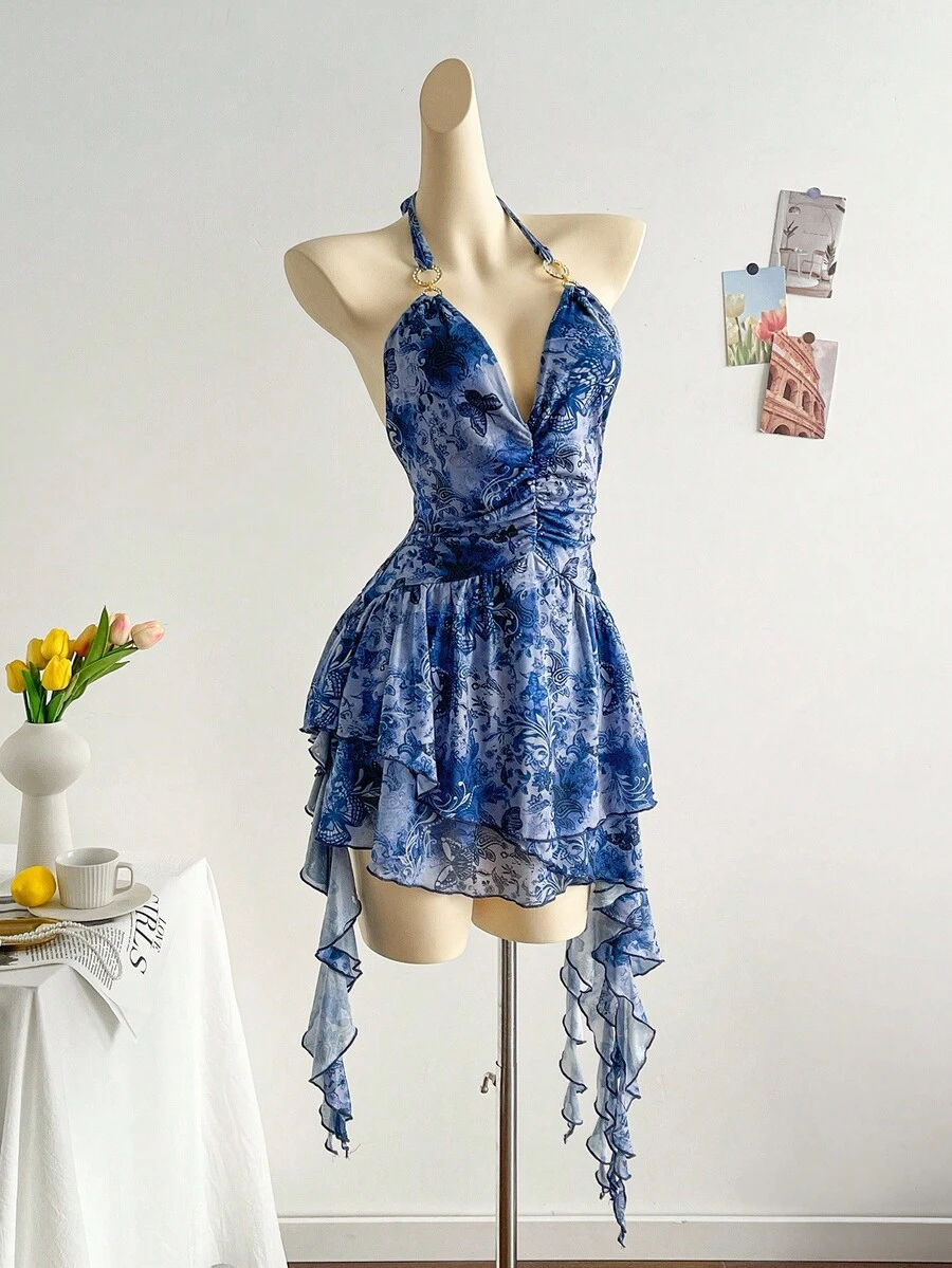 Dreamara Plus Size Romantic Halter Knit Mesh Blue Floral Print Dress - Blue - View 1