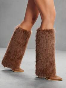 CUCCOO SZL 女士尖头高筒细高跟棕色毛茸茸腿靴，过膝长靴，时尚迷人性感火辣女士骑士靴，高筒靴 - 棕色 - 查看 7