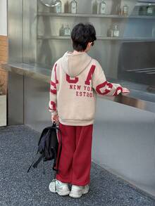 青少年男孩休闲韩版宽松大号字母图案连帽衫和松紧腰裤套装，适合秋季/春季、户外玩耍、学校、街头风格、派对和休闲 - 紅色 - 查看 3