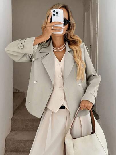 Easowa 双排扣袖肩章短款风衣，休闲宽松通勤复古风女款秋冬风衣