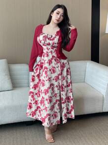 Flirla Bộ 2 món váy chữ A họa tiết cổ bèo nhún tay dài thời trang xuân/hè cho nữ cỡ lớn + cổ tròn xếp ly thắt nơ eo họa tiết hoa viền xẻ tà thanh lịch cổ điển dễ thương thường ngày cho kỳ nghỉ - Màu Đỏ Sâu - Xem 5