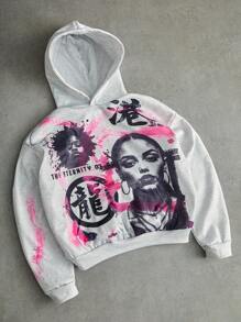 男士街头风流行INS风复古涂鸦图案连帽衫，适合户外音乐节、夜店、酒吧等场合，也可作为男友/老公礼物或周年纪念礼物，浅灰色 - 彩色 - 查看 1