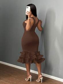Slaydiva Elegant Bodycon Deep V-Neck Ruffle Hem Dress - E - Brown - View 2