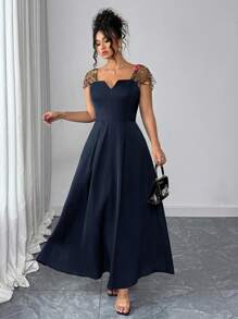 Auvina Women's Elegant Jacquard Patchwork Summer Dress - Navy Blue - View 5