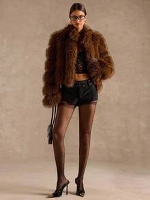 SHEIN BAE Women's Autumn/Winter Fashion Striped Faux Fur Jacket,Autumn-Winter Fur Coat,Fur Coat Women ,Faux Fur Coat,Elegant Fur Coat - Chocolate Brown - View 4