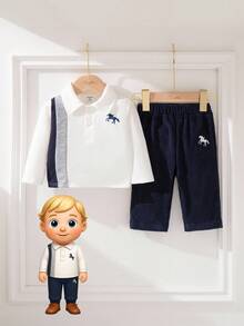 Souflis Souflis 2pcs Baby Boy Polo Neck Color Block Long Sleeve Top And Casual Corduroy Pants Set, Fashionable Outfit With Exquisite Prints, Infant Boy Clothes, Children Apparel Baby Boy Shirt Sets Baby Boy Clothes Baby Boy Clothes Baby Boy Polo Shirt And Pants Set - Multicolor - View 3