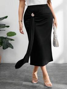 Modelyn Jupe plissée asymétrique fendue à taille froissée pour femmes grande taille, élégante, polyvalente, douce et confortable