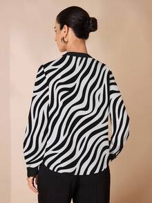 Glamance Pati Paints Women's Elegant Commuter & Casual Zebra Print Long Sleeve V-Neck Blouse, Office Wear Top, Black Zebra Print Blouse Zebra Top Striped Blouse Women Blouse Striped Shirt - Multicolor - View 2