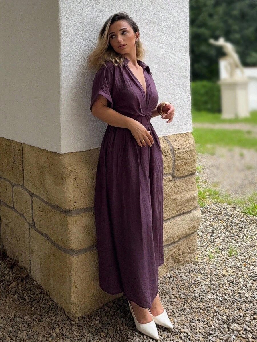 Jeta Ari Chic V-Neck Single-Breasted Twist Waist Long Dress, Women's Vacation/Festival/Going-Out Outfits, Spring/Summer Casual Dresses For Women - Purple - View 1
