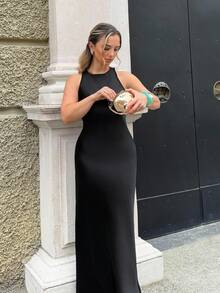 Jeta Ari 极简主义时尚不对称斜裁双面缎面面料 A 字形无袖女式长裙，迷人百搭 - 黑色 - 查看 4