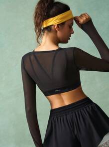 VARSIVA 女式纯色二合一长袖 T 恤，休闲运动两件套运动裙套装网眼健身上衣镂空短款运动衫健身套装 - 黑色 - 查看 2