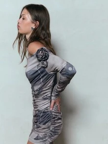 TypaGal Dark Grey Chic Ruched Bodycon One Shoulder Dress, Distressed Denim Effect Patchwork Y2k Autumn Clothes For Women, Night Out Club Halloween Costumes - Brown - View 5