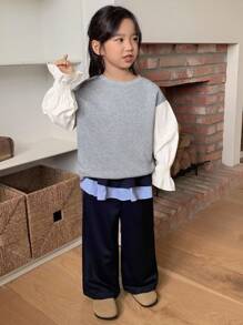 DAZY 女童撞色韩版休闲花瓣袖圆领卫衣，春秋季 - 灰色 - 查看 4