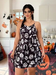 SHEIN Plus Size Women Halloween Pumpkin & Ghost Print Slip Dress - Multicolor - View 5
