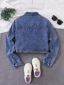 SHEIN 少女 Y2K 街头平口袋短款牛仔夹克，女孩时尚秋冬单品 - 中等水洗藍 - 查看 2