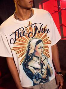 The Nun X SHEIN Men's Letter & Figure Graphic Round Neck Short Sleeve T-Shirt - Khaki - View 7