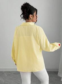 Elenzga Plus Size Women's French Striped Embroidered Heart Blouse Fall Cloth For Women Women Button Up Shirt Amour Shirt Yellow Striped Shirt Women Heart Shirt Love Shirt - Yellow - View 2