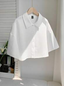 Comfortcana Women Solid Color  Woven Cropped Shirt - White - View 5