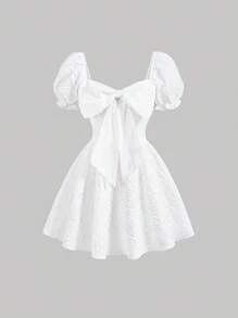 SHEIN MOD Jacquard Puff Sleeve Bow Front Dress - White - View 1