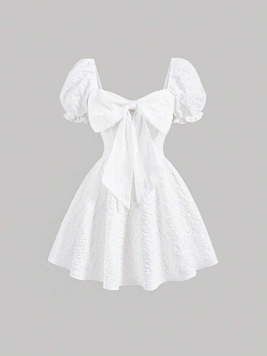SHEIN MOD Jacquard Puff Sleeve Bow Front Dress - White - View 1