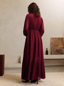 EMERY ROSE 女式纯色简约蕾丝领长袖连衣裙 - 酒紅色 - 查看 3