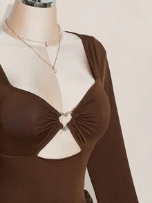 SHEIN ICON 加大码心形钻石装饰透明网眼拼接修身镂空长袖黑色T恤 - 棕色 - 查看 8