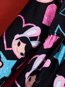 Paul Frank X SHEIN فستان بناتي طويل الأكمام مزين بطبعات نجوم وقلوب لامعة مع تريم كشكش، مناسب للخريف والشتاء