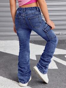 SHEIN SLAYR Young Girl Young Girl Blue Denim Elastic Ruched Jeans Fall Winter - Dark Wash - View 2
