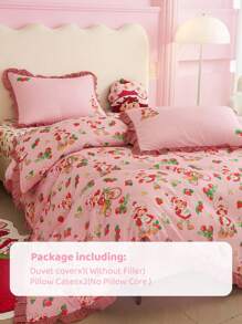 Strawberry Shortcake X SHEIN 3 Pc Cartoon Figure & Strawberry Gingham Ruffle Trim Bedding Set,Suitable For Single Bed/Double Bed/Queen Bed/King Bed, Dormitory/Home,Gift Ideas, Summer / Spring - Multicolor - View 4