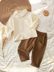 SHEIN Vintaside Kids Baby Boy Spring & Autumn Casual Solid Color Asymmetrical Collar Shirt With Asymmetric Patchwork Pants Set - Multicolor - View 8