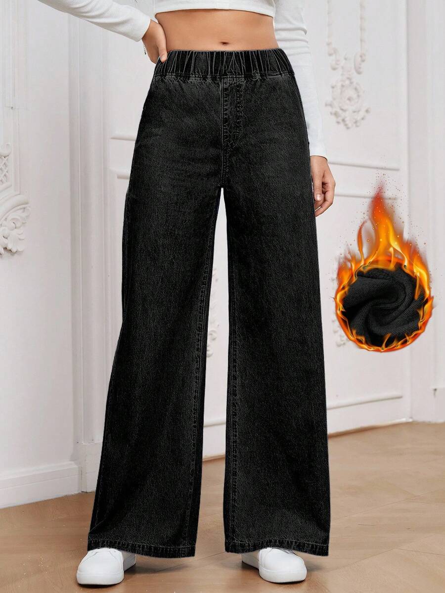 EMERY ROSE Women's Casual All-Match High Waist Wide Leg Loose Woven Denim Pants, Versatile All Season - Black - View 1