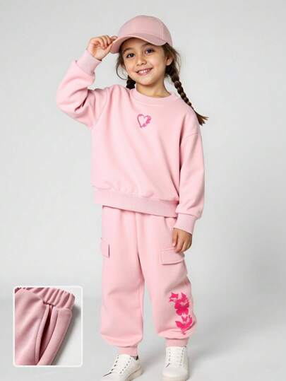 JNSQ 年轻女孩两件套，圆领运动衫和工装慢跑裤，带有蝴蝶图案印花，适合秋冬季日常穿着、户外活动、度假、街头服饰、派对和休闲