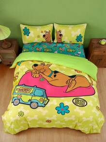 SCOOBY-DOO X SHEIN 3pc Soft & Cozy Cartoon Dog & Floral Print Duvet Cover Set,Suitable For Single Bed/Double Bed/Queen Bed/King Bed, Dormitory/Home - Green - View 1