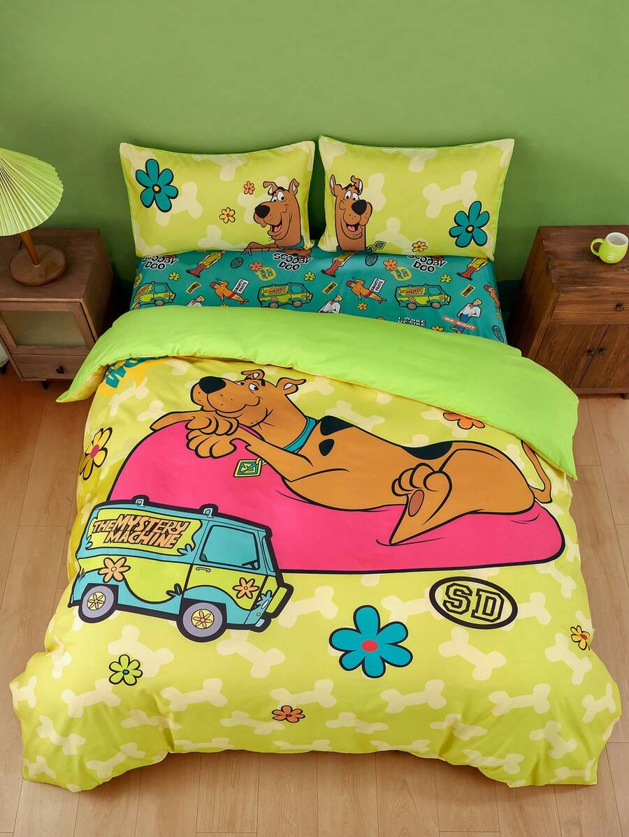 SCOOBY-DOO X SHEIN 3pc Soft & Cozy Cartoon Dog & Floral Print Duvet Cover Set,Suitable For Single Bed/Double Bed/Queen Bed/King Bed, Dormitory/Home - Green - View 1