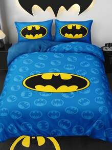 BATMAN X SHEIN 3 件套卡通图案蓝色床上用品套装，拉绒面料，柔软温暖，多种尺寸适合单人床/双人床/大号床/特大床 - 藍色 - 查看 4