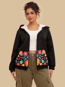SHEIN VCAY Plus Size Floral Print Zip-Up Hoodie Sweatshirt With Front Pockets, Women Casual Outerwear For Autumn, Thermal Lined/Winter - Black - View 3